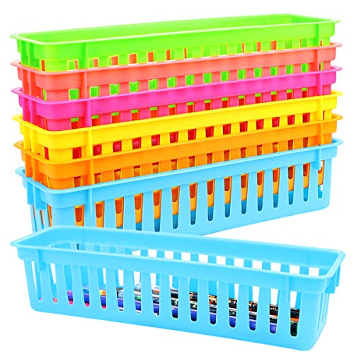 WFPLUS 6 Pack Plastic Pen and Pencil Basket Trays Colorful Pencil Organizer Crayon Basket Holder Toy Storage Basket for School Classroom Office Home Kitchen, 6 Colors, 10 x 3 x 2.5 Inches
