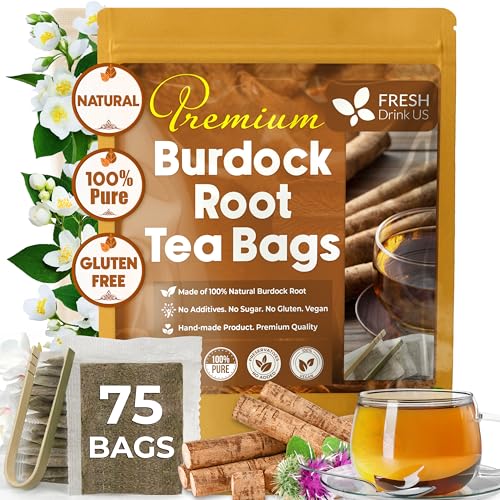 Image of FreshDrinkUS, Premium 75 Burdock Root Tea Bags, 100% Natural & Pure, Herbal Tea. Made with Natural Material Tea Bags. No Sugar, No Caffeine, No Gluten, Vegan.