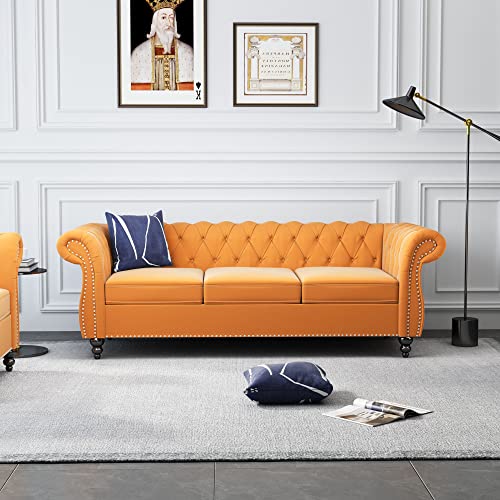 Image of ORRD 2 Piece Living Room Set, Velvet Chesterfield Sofa Loveseat Couch with Scroll Arms and Nailhead for Living Room, Office (Mango)