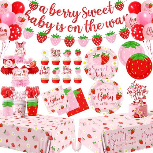 Strawberry Baby Shower Decorations for Girls 190Pcs A Berry Sweet Baby is on the Way Party Supplies with Plates Napkins Cups Banner Tablecloth Balloons Cake Toppers Honeycombs Serve 24