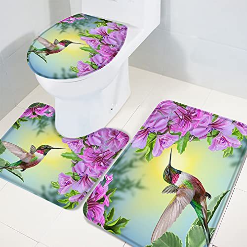 Apular Modisches 3-teiliges Badteppich-Set, Kolibri, lila Blumen, bedruckt, rutschfest, ultraweich, U-Form, Matte und WC-Deckelbezug, Matte, Badematten – Bild 5