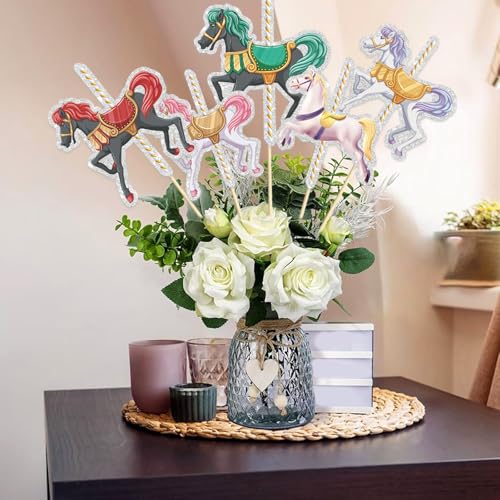 Image of Set of 15,Carousel Horses Table Centerpieces Sticks,Carousel Horse Table Toppers,Horse Party Decoration for Horse Themed Birthday Party Baby Shower Supplies.