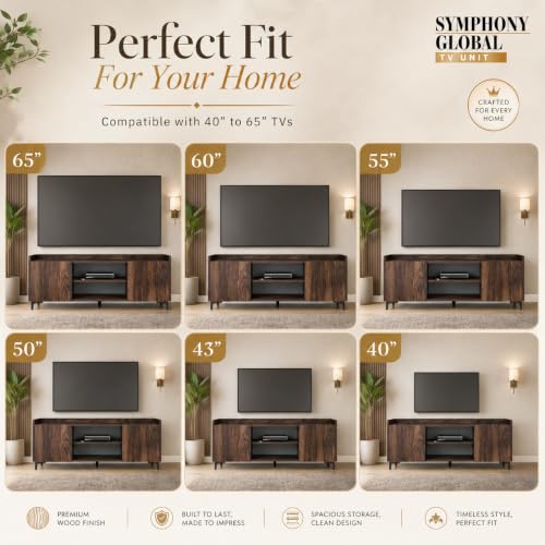 Image of Studio Kook Symphony Global 150 cm TV Unit, Junglewood | 150 cm engineered wood TV cabinet for 40-65 inch TVs, with two side cabinets, open shelves and a 70 kg tabletop capacity.