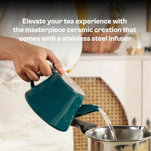 Image of Muse Teapot with Infuser | Ceramic Made with Stainless Steel Infuser | with Sleek and Modern Design Easy to Brew and Clean (Aqua Blue)