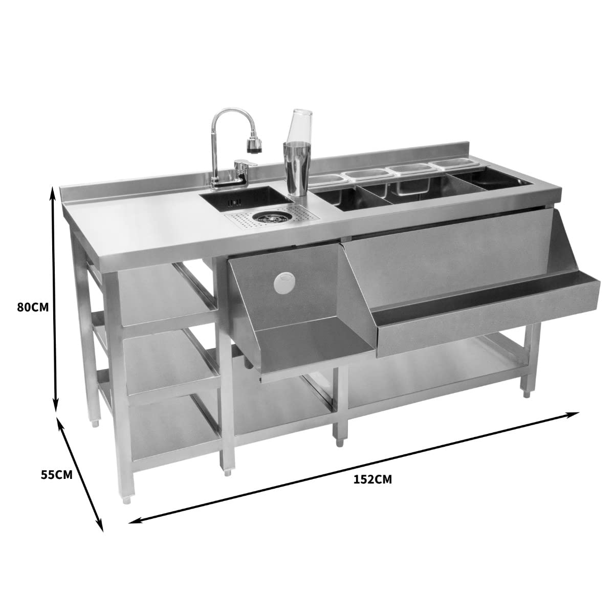 Deluxe Cocktail Bar Station Theke Cocktailtheke Bartheke Cocktailbar Cocktail-Station Arbeitsfläche Isolierter Eisbehälter 360 Grad Schwenkbarer Wasserhahn Shaker Inklusiv Edelstahl Gastro Profi