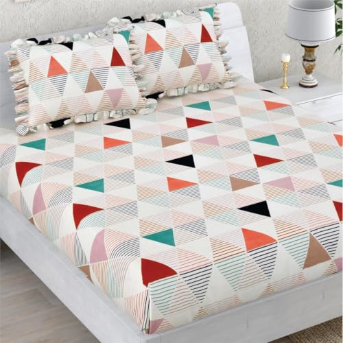 Image of King Size Fitted Bedsheet for Double Bed | 300 TC Cotton Feel Microfiber | All Around Elastic with 2 Frill Pillow Covers | Soft & Durable | (WhitetglFrill, Fitted - Double72x72)