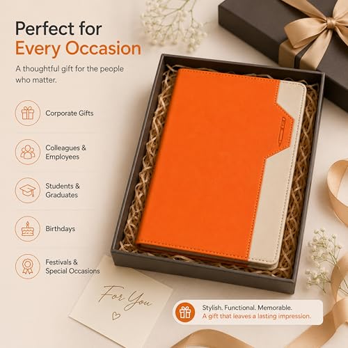 Image of A5 Soft PU Leather Notebook Journal with Pen Holder & Bookmark Ribbon, 120 Sheets /240 Pages Lined Paper, Premium Leather Diary for Office, Work, Business, Meeting Notes, Travel, Students & Professionals (21 X 15 CM) (Orange)