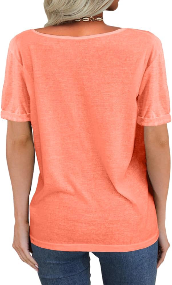 Danedvi Women Fashion Deep V-Neck Short Sleeve Tops Solid Casual Loose Basic T Shirt - Image 2