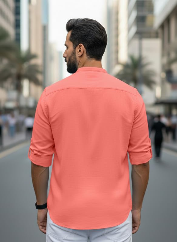 Image of Men Cotton Blend Mandarin Collar Casual Kurta Shirt | Roll-Up Sleeves | Regular Fit Ethnic Short Kurta for Daily