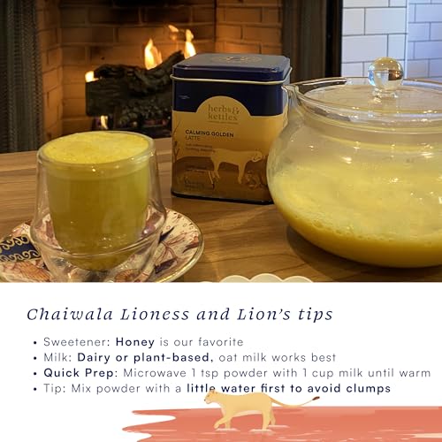Image of Herbs & Kettles Calming Golden Turmeric Latte | Caffeine-Free Blend with Turmeric, Ashwagandha & Spices | 25-30 servings | Ayurvedic Drink for Warming, Soothing & Wellness | Golden Latte Mix, 1.76 oz | Enjoy Hot or Iced