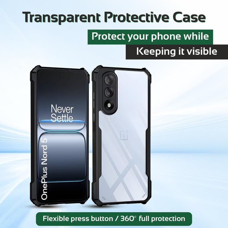 Image of AIBEX Compatible for OnePlus Nord 5 5G Mobile Back Case Cover, Crystal-Clear Shockproof Bumper with Camera Guard | 360 Hybrid Protection (TPU+PC) | Anti-Yellow, Slim Transparent - Black