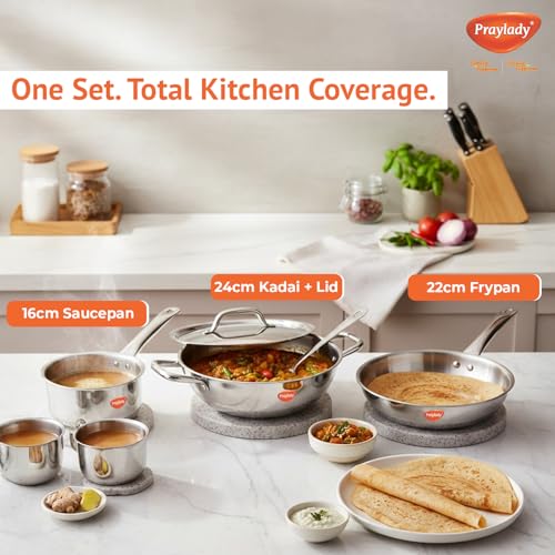 Praylady Triplus Aura Triply Stainless Steel Cookware Set (4 Piece) | 2.5mm Thick with 3 Layer | 24cm Kadai with Lid, 22cm Fry Pan, 16cm Saucepan |... - Image 4