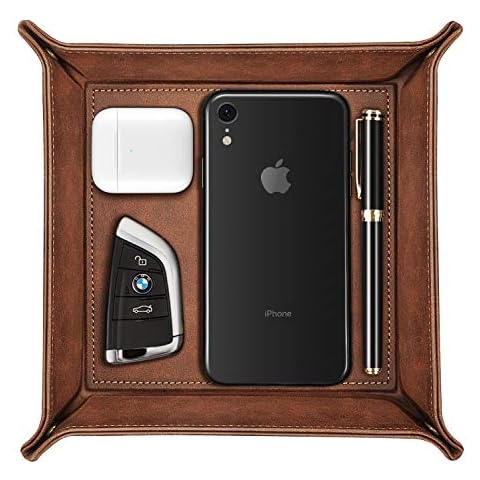SITHON Valet Tray Desktop Storage Organizer – Premium PU Leather Catchall Tray Bedside Vanity Tray Nightstand Caddy Holder for Remote Controller, Keys, Phone, Wallet, Coin, Jewelry, Brown Cover