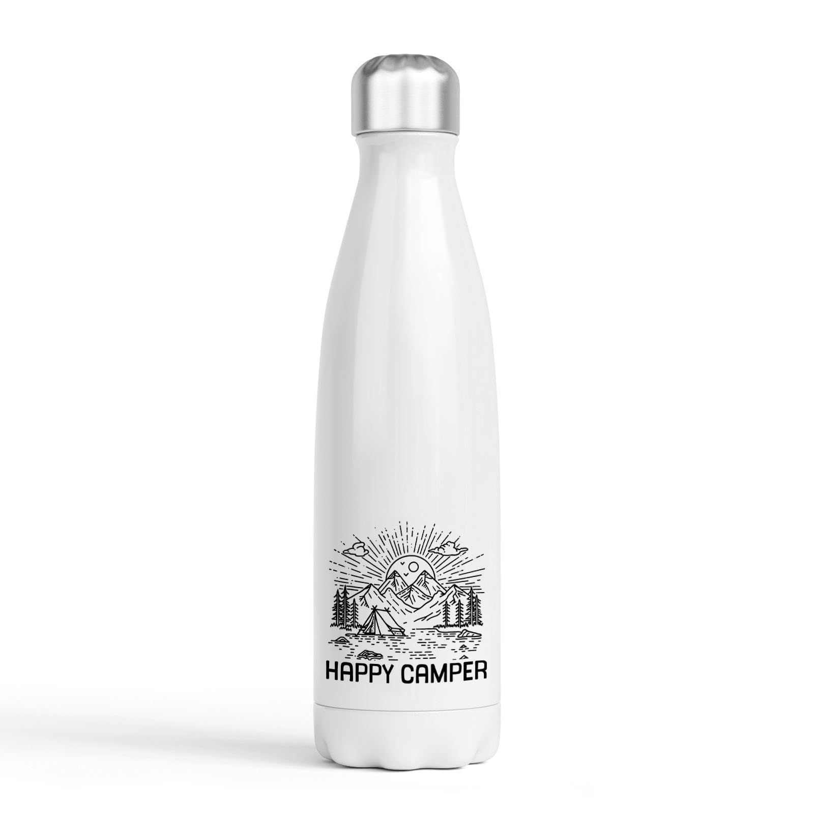 Happy Camper Design Drinks Bottle - Stainless Steel Double-Walled – Hand-Printed in The UK – Hot & Cold Drink Bottle – 500ml – Gift for Camping, Outdoors, Caravan, Campervan