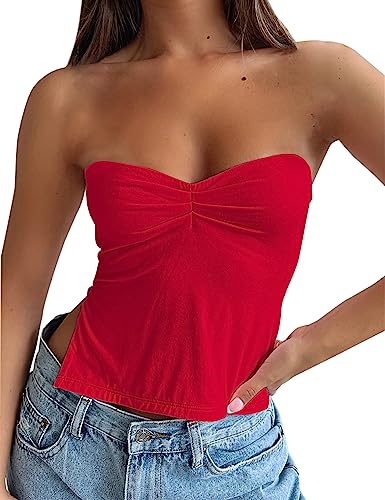 Women’s Y2K Pleated Bustier Strapless Sweetheart Bandeau Tube Crop Tank Summer Sleeveless Slit Going Out Crop Top