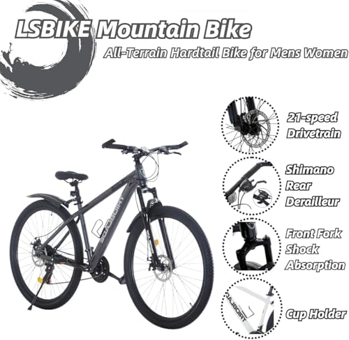 LSBIKE 24 26 27.5 29Inch Mountain Bike 21 Speed Drivetrain Hardtail Bicycle Mens Women Mountain Bike With Shock Lightweight Sport Cycling Bike for Adult with Mudguard MTB Bicycle (Grey, 26inch) - Image 5