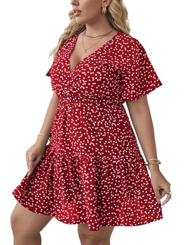 Floerns Women's Plus Size Wrap V Neck Short Sleeve Ruffle Hem A Line Short Dress