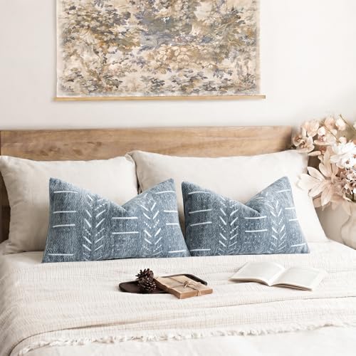 Image of Foindtower Set of 2 Decorative Chenille Jacquard Throw Pillow Covers Textured Farmhouse Lumbar Cushion Covers Modern Boho Accent Home Decor for Sofa Chair Couch Bedroom Living Room,12x20 Inch,Blue