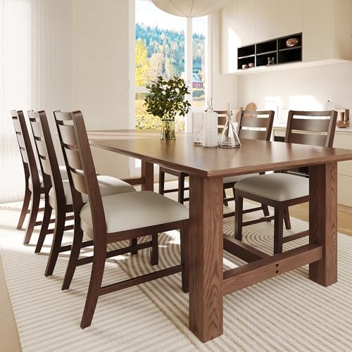 COLAMY Wooden Dining Chairs Set of 6, Farmhouse Upholstered Dining Room Chairs with 3.5' Thick Cushion, FSC Solid Wood Ladder Back Kitchen Chairs for Home and Restaurant, Easy Clean,Brown
