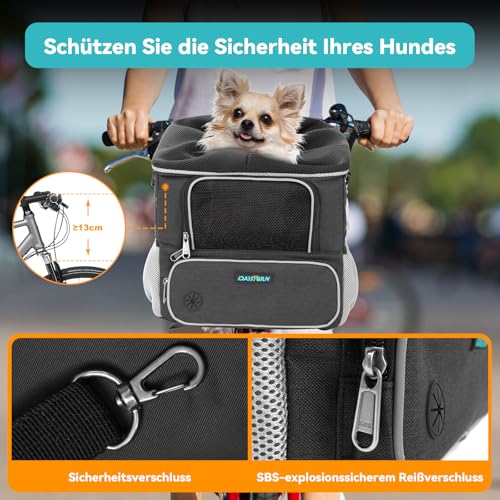 DAISTERN Hundekorb Fahrrad Vorne bis 3KG, Hundefahrradkorb mit Montagehalter Φ53mm, Rucksack Schultertasche Autositz mit Atmungsaktives Netzfenster, wasserdichtes Sitzkissen für kleine Hunde