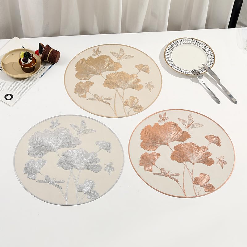 Sets de table ronds Ginkgo Biloba en cuir synthétique argenté premium - 4