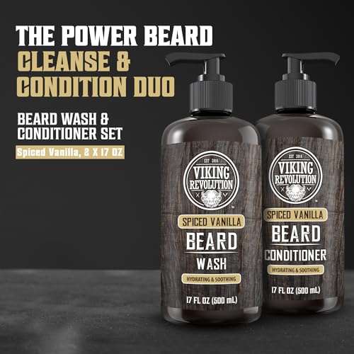 Viking Revolution Beard Wash and Beard Conditioner for Men with Argan Oil and Jojoba Oil - Beard Softener and Strengthener Beard Care Beard Shampoo and Conditioner with Beard Oil (17oz Spiced Vanilla) - Image 3