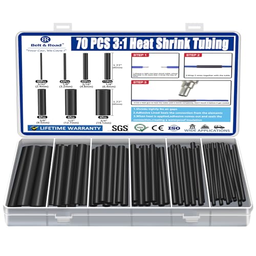 70PCS Heat Shrink Tubing Kit - 3:1 Ratio Adhesive Lined, Wire Shrink Wrap Tubing - Industrial Heat-Shrink Tubing - Black - Shrink Wrap Tubing | Trusted UL Certification