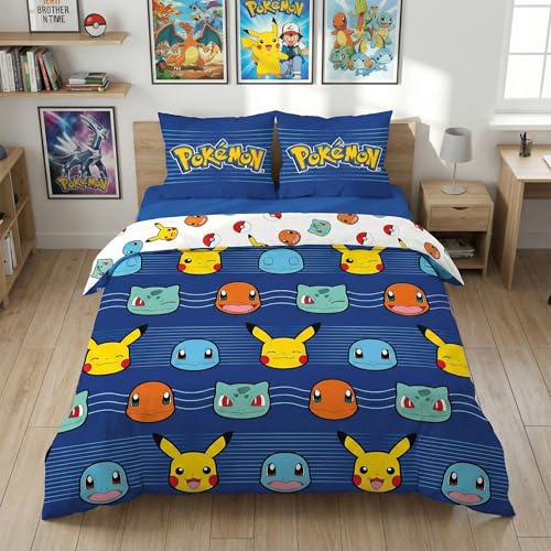 Parure de lit Pokémon Officielle 240x220 cm – Housse de Couette réversible Pikachu, Bulbizarre, Salamèche, Carapuce + 2 taies 65x65 – 100% Polyester, Entretien...