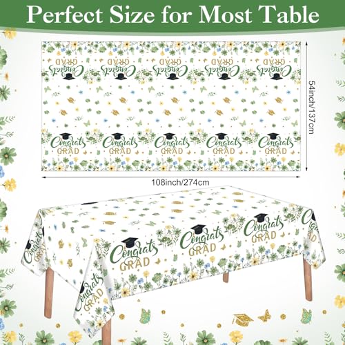 Image of Ganeen 3 Pcs Graduation Tablecloth Floral Class of 2026 Congrats Grad Table Cloths Green Disposable Plastic Rectangle Table Cover for 2026 Graduation Decorations Grad Party Supplies, 54 x 108 Inch