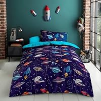 Lions Boys Bedding Set - 100% Microfibre Polyester, Kids Space Galaxy Duvet Cover Set Single Szie with Matching Pillowcase, Reversible Printed Quilt Covers, Easy Care, Blue, 137x200cm