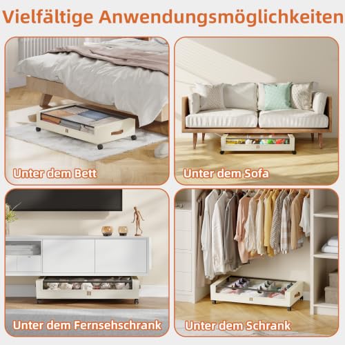 Somdot Unterbett Aufbewahrungsbox mit Rollen, 48L, 4er-Set, Beige – Ansicht 7