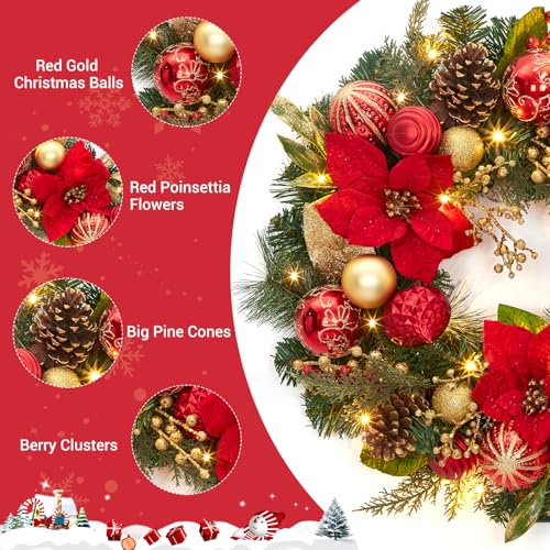 GarveeHome Prelit Christmas Wreath for Front Door, 24" Large Outdoor Christmas Wreath, Battery Operated Lighted Xmas Wreath with Red Gold Balls Artificial Poinsettia for Fireplace Window Wall Decor