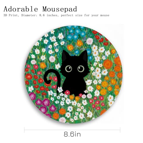 Image of Gctriki Anime Black Cat Mouse Pad 8.6 x 8.6 Inch, Funny Round Mousepad for Gaming Laptop Computer, with Stitched Edge Non-Slip Rubber Base, Cute Cat Flower Home Office Decor Desk Accessories