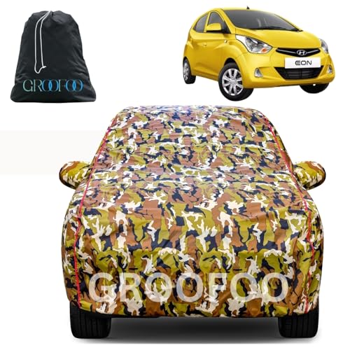 Image of GROOFOO Waterproof Car Body Cover with Mirror Pockets Compatible with Hyundai Eon | Triple Stitch Red Piping Car Cover UV & Dust Proof All-Weather Protection, Adjustable Buckle (Army and Red)