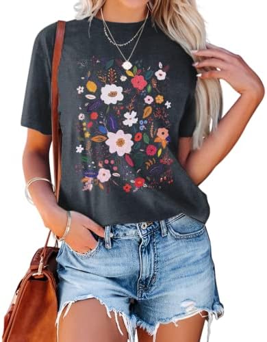 Womens Summer Tops Flower Graphic Tees Cotton Loose Floral Printed Blouse Round Neck Girls Casual Short Sleeve Shirts