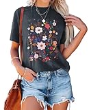Womens Summer Tops Flower Graphic Tees Cotton Loose Floral Printed Blouse Round Neck Girls Casual Sh