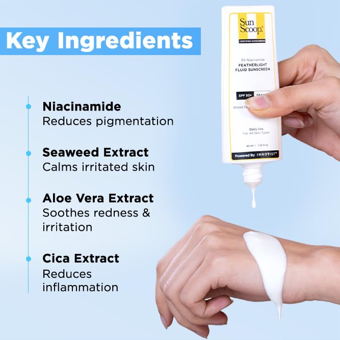 Image of SunScoop 3% Niacinamide Fluid Sunscreen SPF 50+ PA++++ Broad Spectrum| In-Vivo Tested| Lightweight & Non greasy| Prevents Tanning| No White Cast| Non-Comedogenic| For All Skin Types (45ml-Pack of 2)
