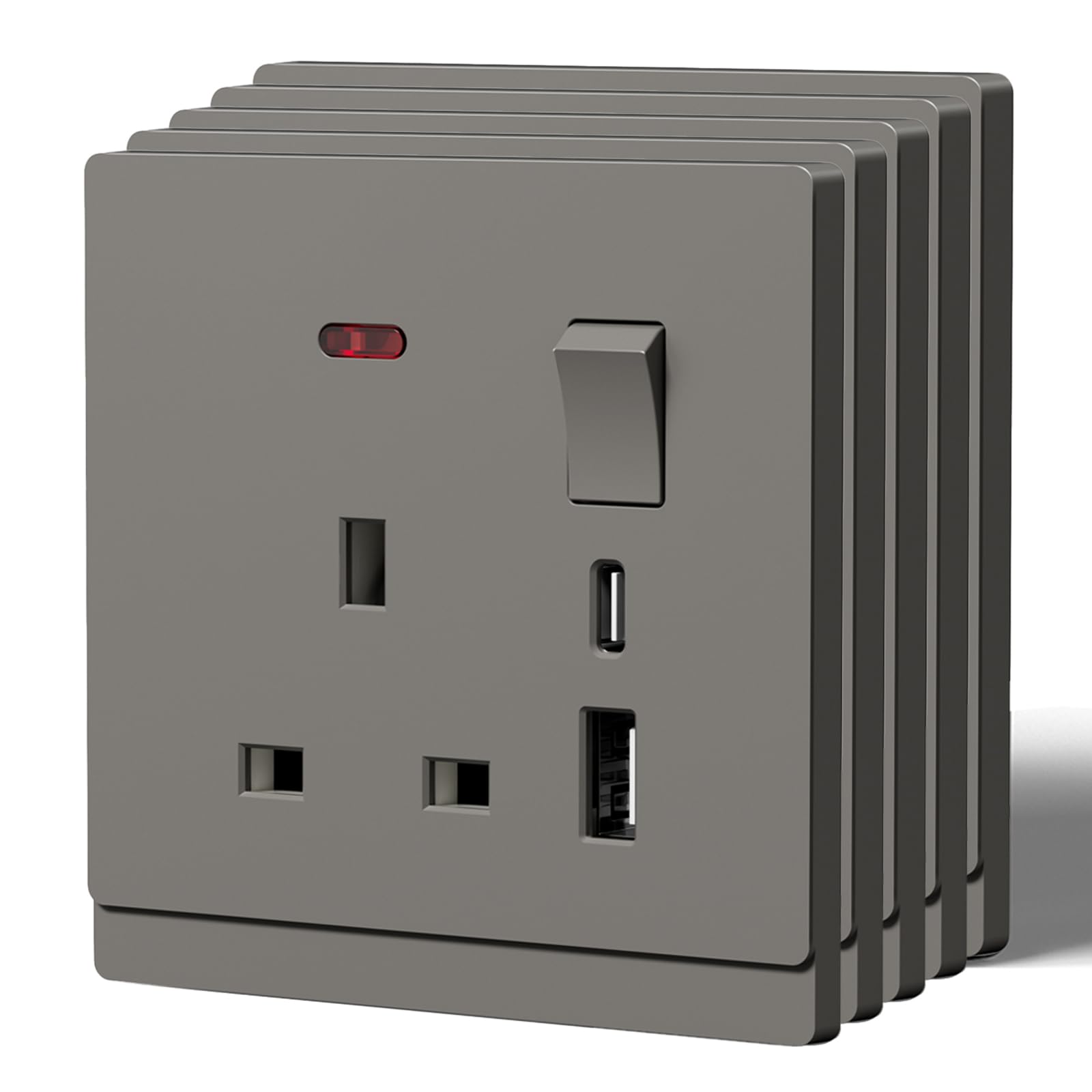 BSEED Single Socket with USB C,Tactile Finish Switched Wall Sockets,13A Electric Power Outlet,Individual Control & LED Indicator,Designer Wall Plate,Single-5 Pack,86mm Grey