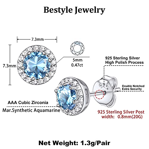 Bestyle 925 Sterling Silver Love Round Cubic Zirconia Earrings March Aquamarine Birthstone Stud Earrings For Women Girls, Hypoallergenic Earrings For Sensitive Ears #TOP5