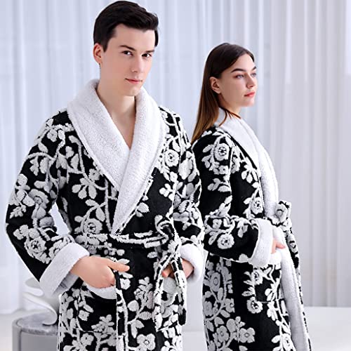 GHYUBYER Men's Warm Fleece Robe，Plush Soft Warm Long Robe with Pockets，Plush Shawl Collar Bathrobe (Color : Men Black, Size : M)2