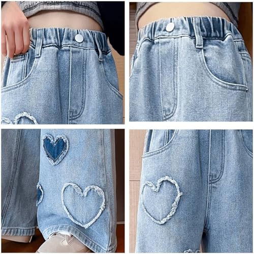 Girls Loose Jeans, Elastic Waist Loose Jeans, Printed Casual Wide Leg Loose Blue, 170cm2