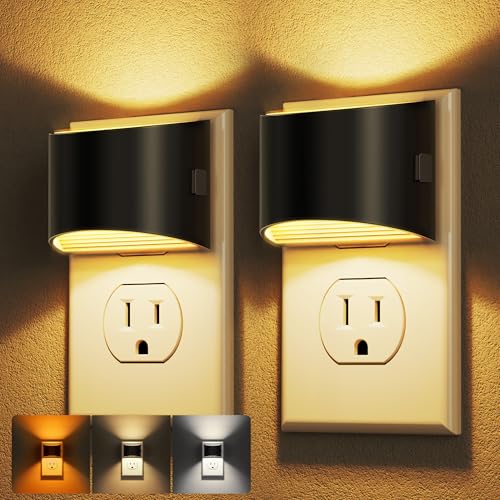 Image of DORESshop LED Night Light[2 Pack], Night Lights Plug into Wall, Plug in Night Light with 3 Color Temperatures, Dusk to Dawn Sensor, Nightlights for Adults, Bedroom, Bathroom, Hallway, Black