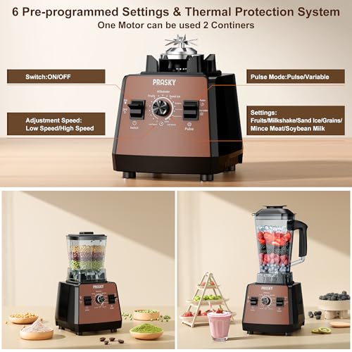 Image of Blenders for Kitchen, Smoothie Blender, 2400W /1000W Prasky Blender & Grinder Combo, 25,000 RPM High Speed, 68oz BPA-Free Food Processor, Countertop Blender for Smoothies, Shakes & Food (Brown,2L)