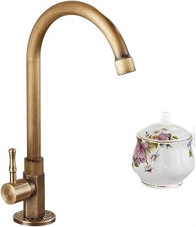 Grifo de cobre antiguo para agua fría, grifo giratorio vertical con mango en espiral para lavabo al aire libre, jardín o baño, acabado de latón, boquilla giratoria de 360 grados, 14,5 x 22 x 31,5 cm