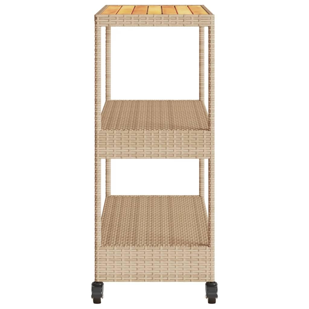 Carrito de bar con 3 baldas de ratán sintético beige y madera maciza de acacia, robusto carrito de servicio con estructura de acero y 4 ruedas para interior y exterior, ideal como carrito de