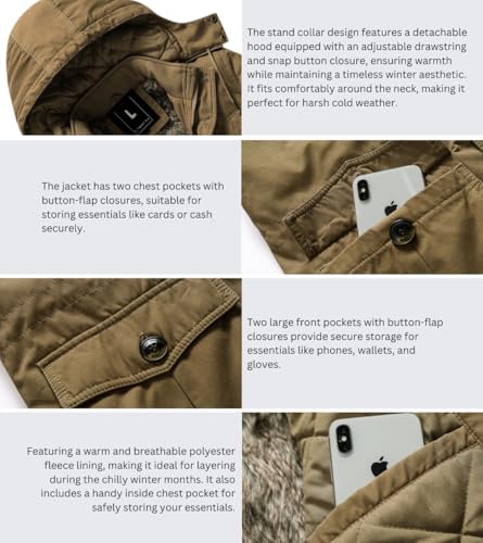 Image of L'MONTE Men's Heavy-Duty Winter Jacket - Cotton Outdoor Coat with Fleece Lining, Detachable Hood, and Multi-Pockets - Warm, Windproof & Stylish for Cold Weather