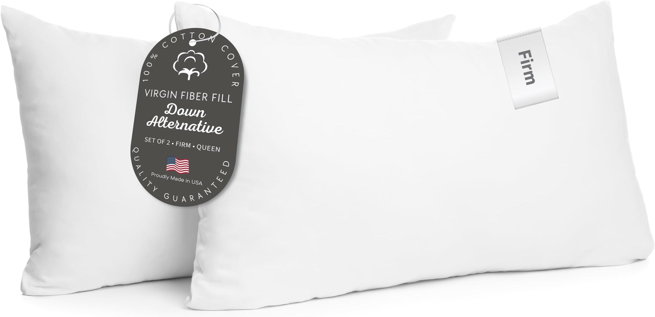 100% Cotton Luxury Hotel Pillows Queen Size Set of 2, Cooling Hypoallergenic Down Alternative Bed Pillows for Sleeping, Firm Support for Side & Back Sleepers, Made in USA, 30" x 20"