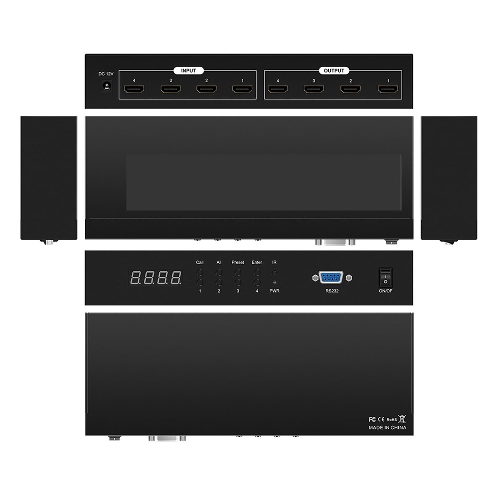 Video Switcher Switch matrice HMI 4x4 4 ingressi 4 uscite 4K@30Hz Switcher con montaggio su rack e supporto convertitore splitter 4Kx2K@30HZ Trasmissione veloce e stabile