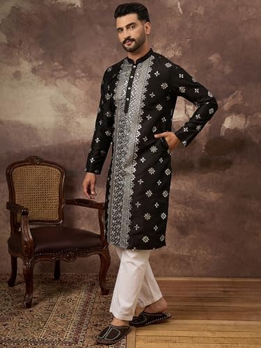 Image of Men's Solid Calf Length Silk Blend Embroidered Kurtas | Men | Kurtas for Mens | Straight Fit Kurta for Men's
