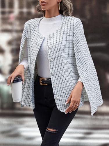 WDIRARA Women's Plaid Print Cloak Sleeve Round Neck Button Front Jacket Blazer Cape Coat4